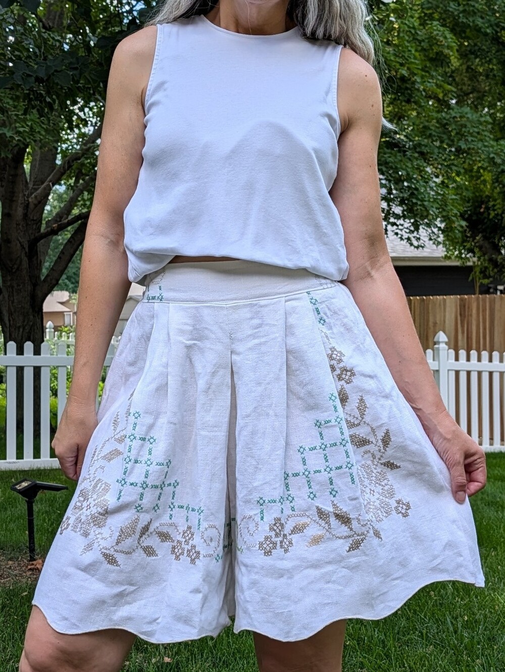 one of a kind LINEN SHORTS made from a cross stitched tablecloth S - Picture 1 of 12